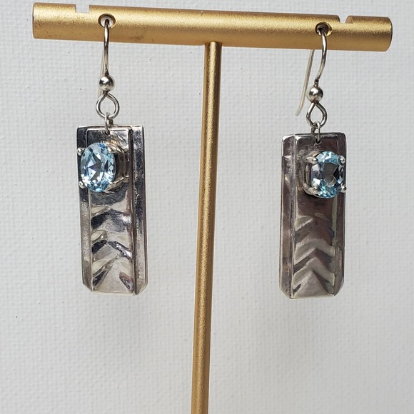 Hand Forged Sterling Silver Dangle Rectangle Earrings with Blue Topaz - Picture 7 of 13